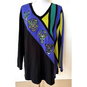 Vtg Bob Mackie Wearable Art Sweater African Masks Animals 2X Block Colors V Neck